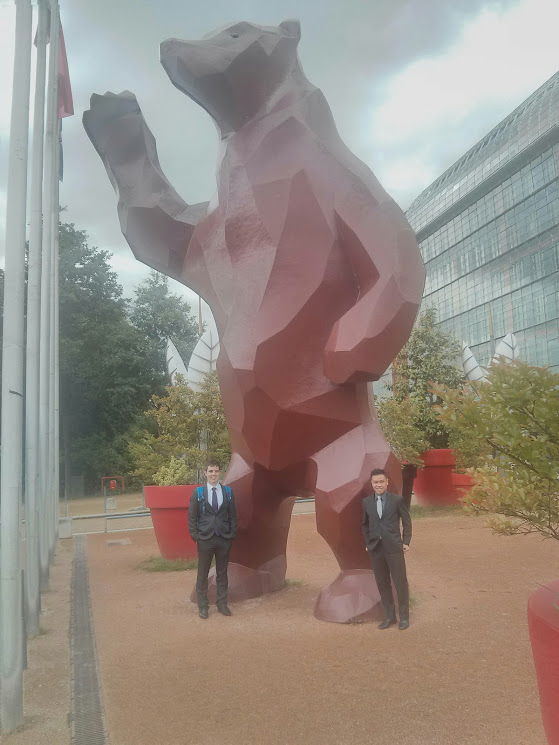 Joel and Dominic outside the Lyon Convention Centre after their successful talks.